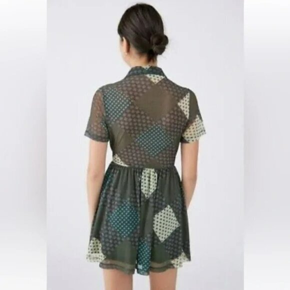 Urban Outfitters UO Dottie Mini Shirt Dress Green Mesh - Picture 14 of 14